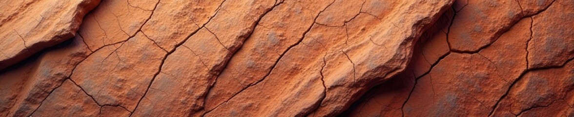 Naklejka premium Cracked red-brown rock face, rough texture Close-up mountain stone background , canyon, soil