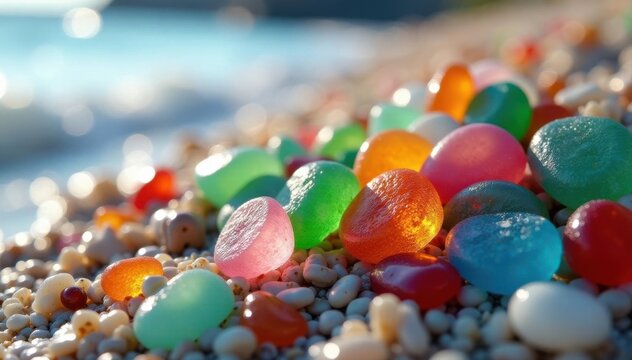 Colorful sea glass tumbled by Baltic waves, close-up , background, green, abstract