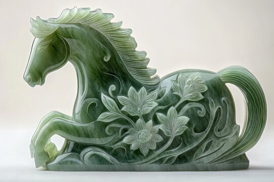 polished green jade reclining horse sculpture with carved floral motifs, graceful and serene