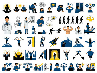 Fototapeta premium Comprehensive collection of flat vector character illustrations depicting diverse human life situations and professional business concepts