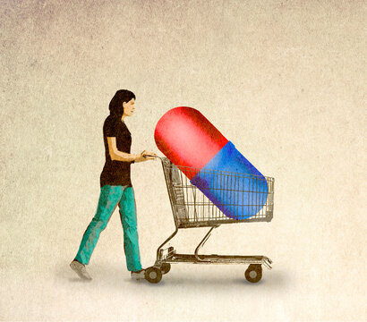 Illustration of woman pushing shopping cart with large medical capsule
