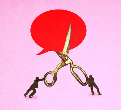 Illustration of two men cutting blank speech bubble with oversized scissors