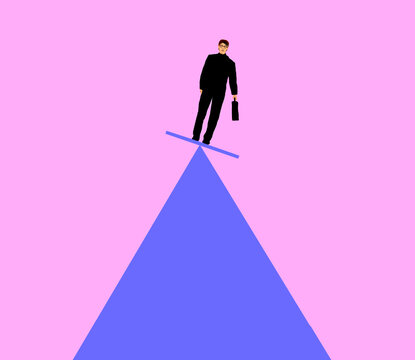 Businessman balancing on a triangle representing career risk