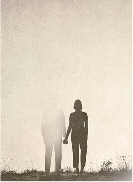 Woman holding hands with fading man in relationship