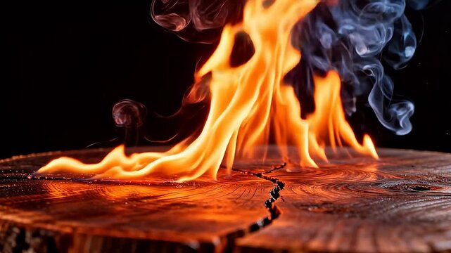 Burning wood log with flames