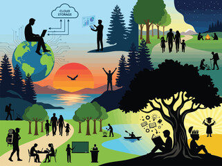 Fototapeta premium Silhouette vector illustration showing human activities like technology education nature recreation and global business lifestyle concepts