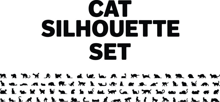 Black cat silhouette vector icon set featuring various feline poses stretching sitting jumping walking and sleeping animal shapesBlack cat silhouette vector icon set featuring various feline poses str