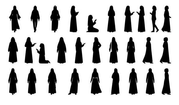 Elegant Muslim Women Abaya and Hijab Silhouette Bundle with Islamic Fashion Vector Collection