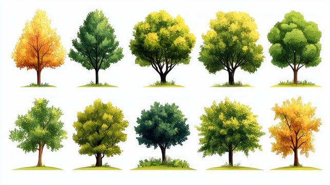 Twelve stylized deciduous trees in varying green and autumn hues arranged in two rows on a white background, calm and peaceful mood