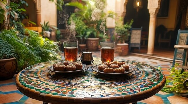 Sunlit courtyard with mosaic table holding two steaming glasses of tea, a small teapot and plates of pastries among potted plants and arched columns, warm inviting atmosphere