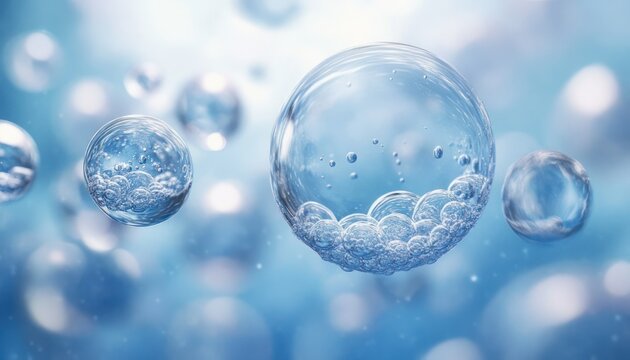 Translucent blue soap bubbles with clusters of foam and tiny inner bubbles floating over a soft bokeh background, serene and dreamy