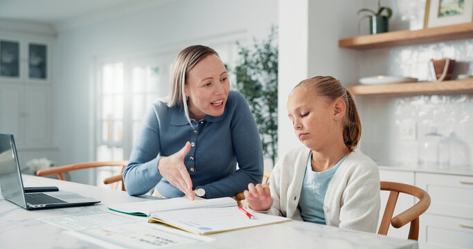 Home, mom or kid with learning difficulty, help and support for development with book. Mother, teaching or sad girl with dyslexia in homeschool for academic struggle, knowledge or education challenge