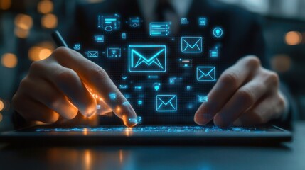 Fototapeta premium focused hands tapping a tablet with glowing blue holographic email and message icons floating above against a dark blurred background, conveying active digital communication
