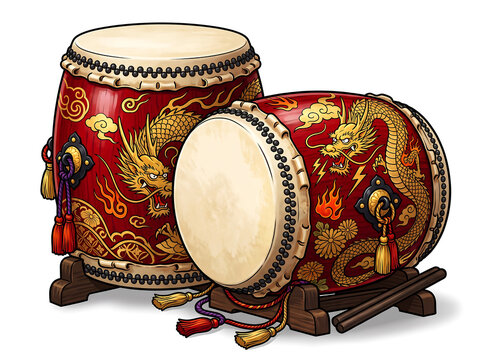  Two traditional Japanese taiko drums with bold red lacquer bodies and gold dragon motifs