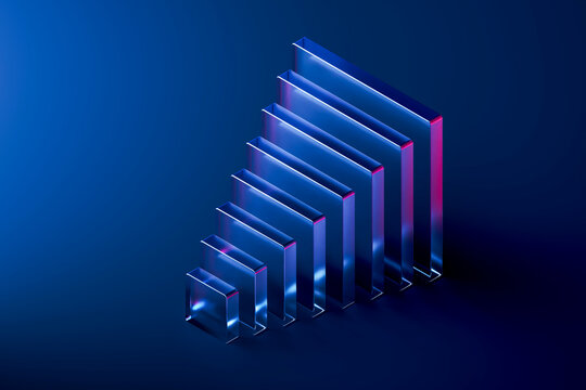 Abstract 3d rendering of a geometric glass row in blue light