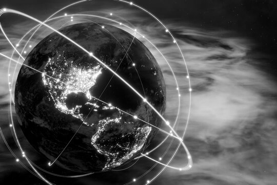 Monochrome 3D rendering of global satellite communication network