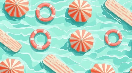 Fototapeta premium aerial view of turquoise pool with striped umbrellas, round lifebuoys and inflatable loungers, bright playful summer relaxation