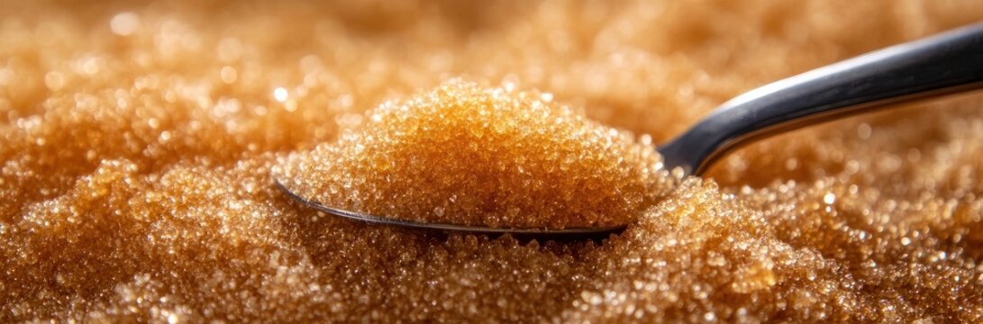 close-up of a metal spoon scooping golden brown sugar crystals, sparkling textured surface evoking warm cozy sweetness