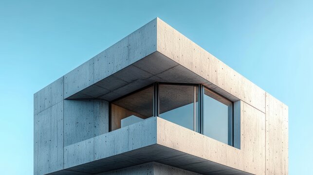 Minimalist exposed concrete building corner with cantilevered balcony and large glass windows against clear blue sky, calm modern atmosphere