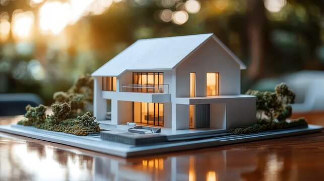 Illuminated modern two-story architectural scale model of a house with balcony, terrace, miniature trees and reflective base, warm inviting evening atmosphere