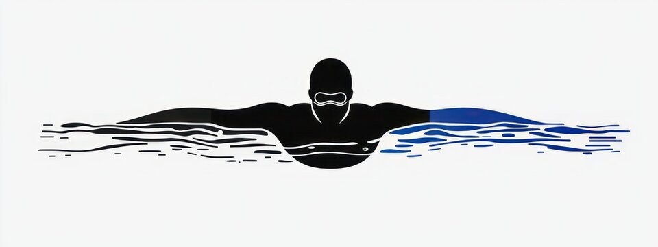 silhouette swimmer performing butterfly stroke with goggles breaking through stylized black and blue water, focused and determined, conveying motion and strength