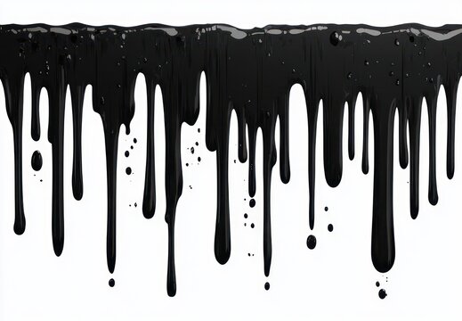 Glossy black paint or ink dripping in long viscous streams down a white background, creating dramatic high-contrast moody abstract streaks and splatters
