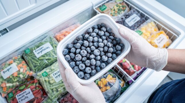 Person wearing gloves holding a container of frozen blueberries over a chest freezer with labeled food bags