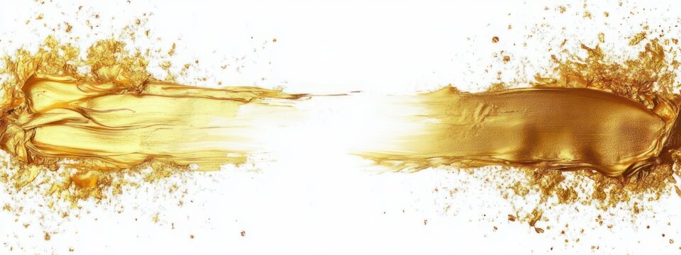 two sweeping metallic gold paint strokes with scattered flakes and splatter on a white background, radiant luxurious celebratory mood