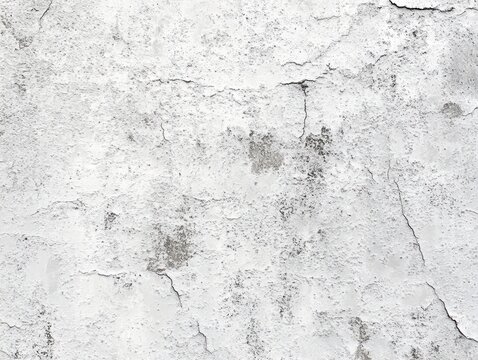 weathered white plaster wall with peeling paint, cracks, stains and rough textured surface conveying age and decay