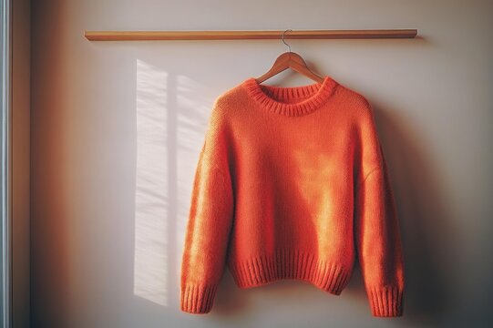 Sunlit orange knitted sweater hanging on a wooden hanger from a wall-mounted rod with window shadow, evoking a warm cozy minimalist mood