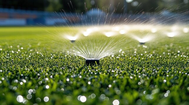 Close-up of sprinklers misting dewy green sports turf with sparkling water droplets and soft bokeh, evoking a refreshing calm morning