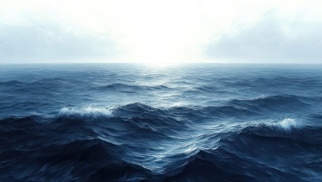 expansive ocean with rolling dark blue waves beneath a bright hazy horizon and cloudy sky, evoking solitude and awe