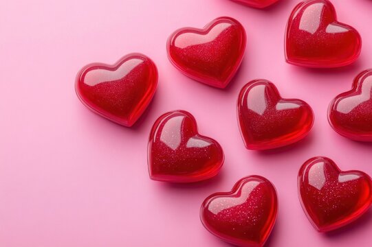 glossy red heart-shaped jelly candies with glitter scattered on a soft pink background evoking romance and sweetness