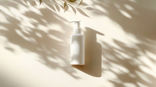 White pump bottle on beige surface with soft botanical shadows and a leafy branch overhead, minimalist serene skincare still life