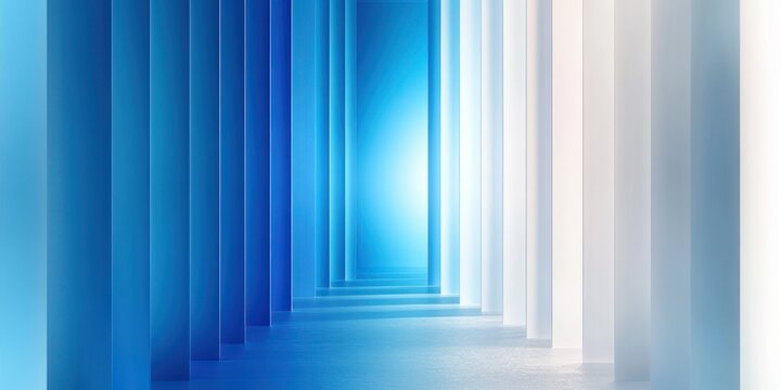 symmetrical corridor of blue and white vertical panels leading to a bright glowing vanishing point in a minimal serene futuristic interior