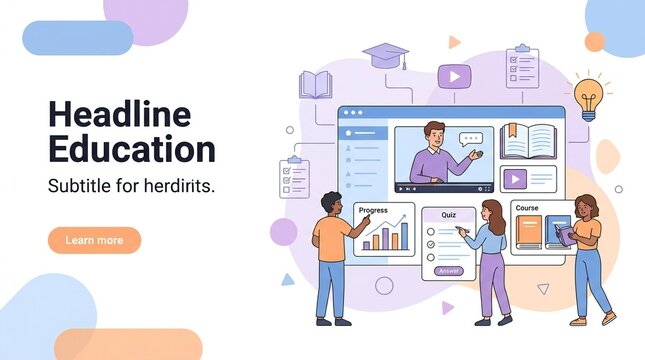 Online Education Banner Illustration with Video Lessons, Course Dashboard and Student Learning Tools