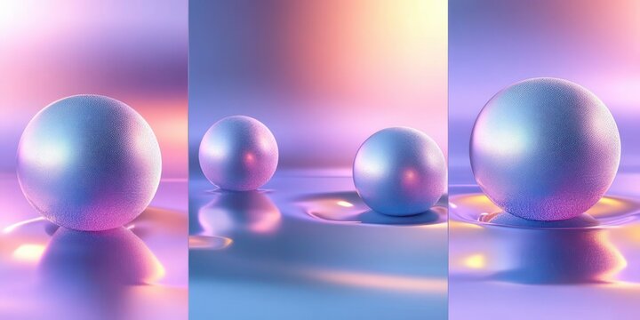 Three pearlescent textured spheres resting on a reflective rippled liquid surface with soft pastel gradient lighting, evoking a serene dreamy futuristic mood