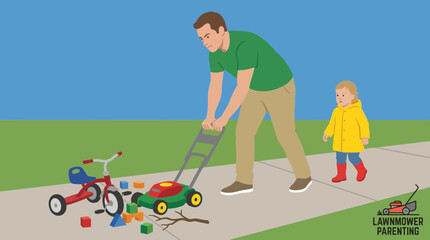 Father Removing Every Obstacle From His Child's Path Illustrating Lawnmower Parenting Style © Bima