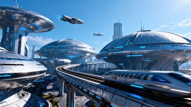 Futuristic city with flying trains