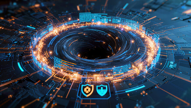Digital Vortex of Cyber Security: A futuristic vortex of glowing circuits and energy bursts symbolizes the dynamic and complex nature of cyber security.