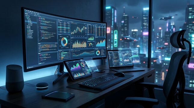 Futuristic office workspace with multiple screens displaying data analytics and graphs at night