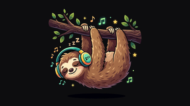 Cute Sloth Wearing Headphones Hanging from Tree Branch Asleep Music Notes