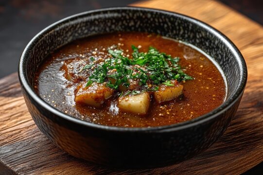 Hearty bowl of spicy red broth with potato cubes, sesame seeds and chopped green herbs on a wooden board &mdash; warm, comforting and savory