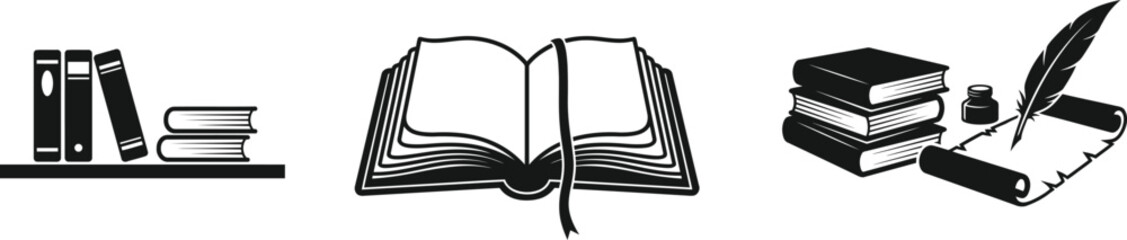 Horizontal banner with library bookshelves open volume and writing scroll symbols for academic and publishing concepts. © MRSTOCK LAB