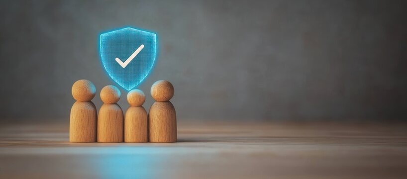 four wooden peg people on a wooden surface beneath a glowing blue shield with a check mark, conveying protection, trust and reassurance