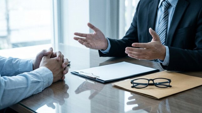 Two businessmen in suits sitting at a table having a corporate legal discussion with file envelope and documents