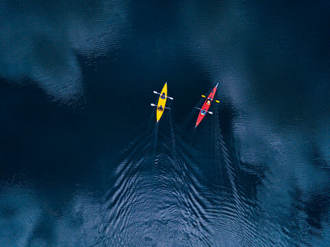 Aerial view of people kayaking in Vuoksi river