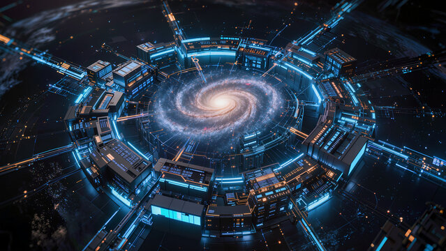 Cosmic Nexus: A futuristic portal crackles with energy, a swirling nebula at its heart, surrounded by a complex technological structure, hinting at interstellar travel and advanced civilization.