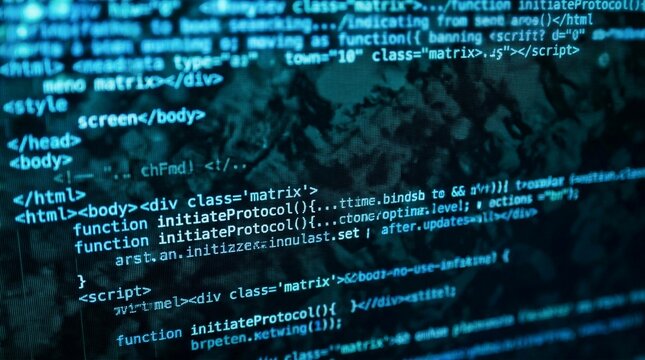 Glowing blue computer code on dark background illustrating software development and cybersecurity matrix