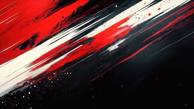 diagonal red and white paint streaks and splatters across a dark background conveying energetic, aggressive motion and high-contrast abstract intensity